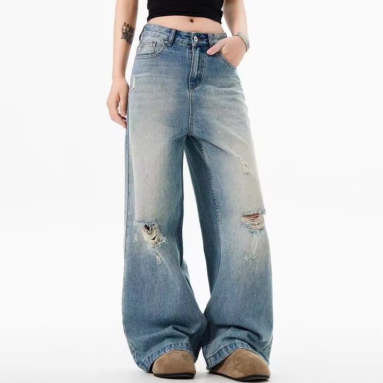 Jeans robek wanita gaya Korea longgar celana jeans lurus lebar jeans biru