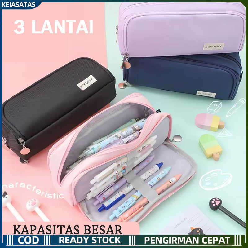

【KEIASATAS】Large Capacity Pencil Case 3 Compartment Pouch Kawaii Pen Bag Double Side Opening Student Stationery Organizer School Supplies