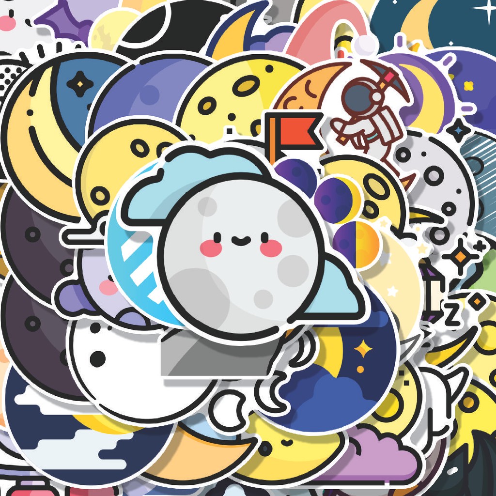 

100PCS Lucu Stiker Moon [Bulan] Stiker Aesthetic Stiker Anti Air Stikers Berperekat Waterproof sticker decal buat Motor Helm Buku Journal Koper Casing HP Laptop Botol Minum Hadiah anak