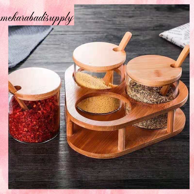 Tempat Bumbu Kaca Vintage Storage Jar Toples Bumbu Kaca Kayu Rak Bumbu Dapur
