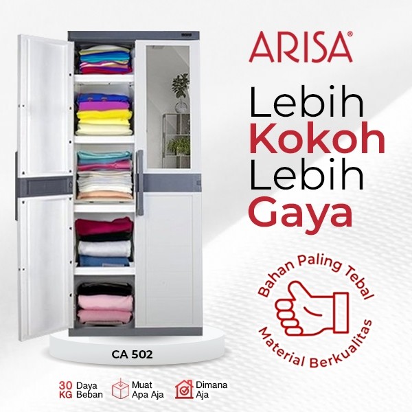 ARISA CA 502A / CA 502 (FREE GIFT) - LEMARI PLASTIK JUMBO KACA CERMIN / LEMARI PAKAIAN 2 PINTU RAK H
