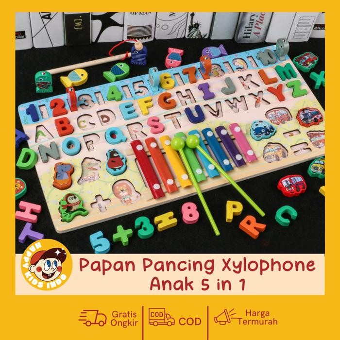 ULIUM HKI - Mainan Edukasi 7in1 Puzzle Kayu Anak Huruf dan Angka Pancing - MA-10