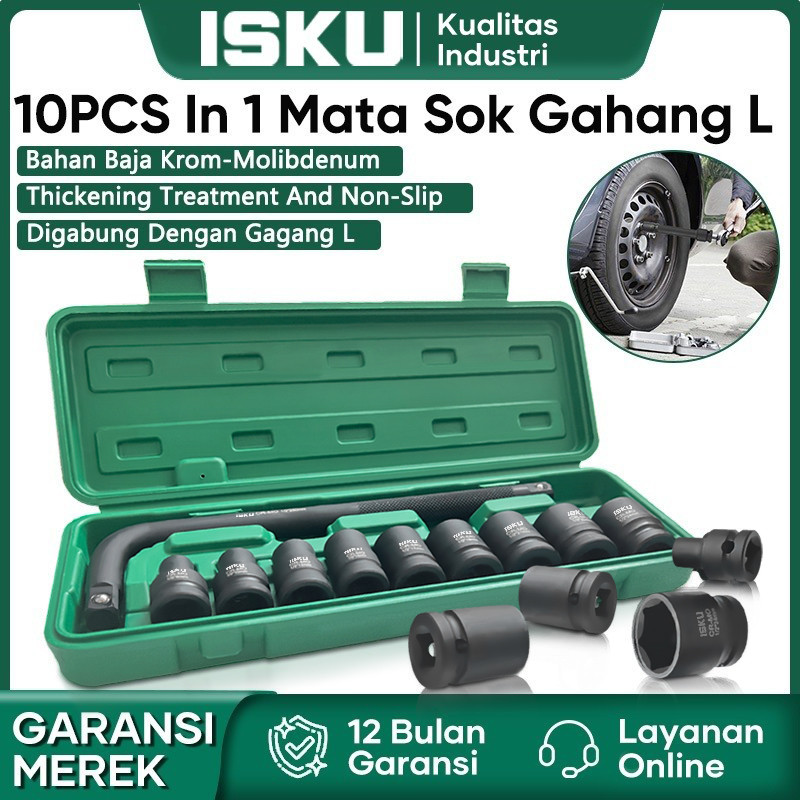 ISKU Kunci Shock Impact / Shock Set 10pcs Bahan Cr Mo Mata Sok Gagang L Dan Mata Sock Impact 8-24mm