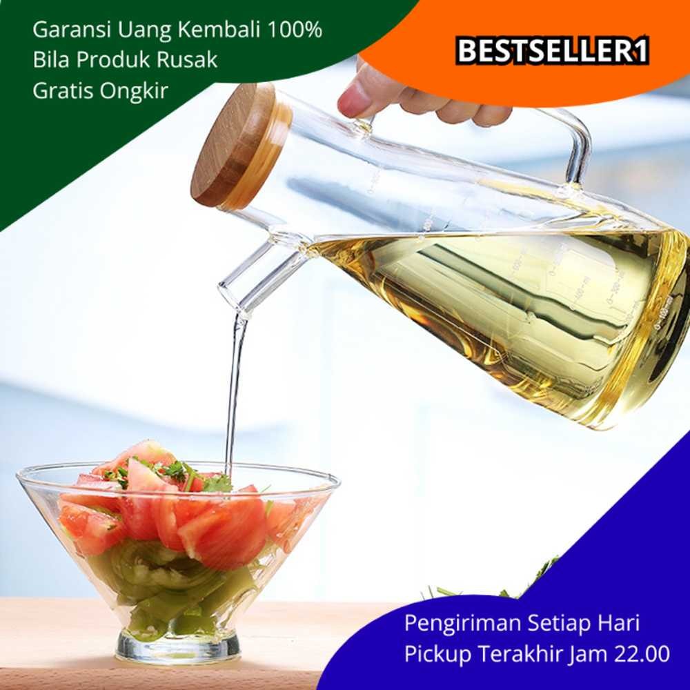 Botol Minyak Kaca Borosilicate 900ml – Oil Pot Dapur Anti Tumpah dengan Tutup Kayu – Wadah Minyak Go