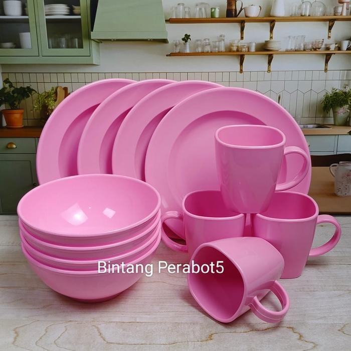 [LUMIOO] Peralatan Makan Melamin 1 Set dengan Piring, Mangkok, dan Cangkir Moel Bulat untuk Dinnerwa