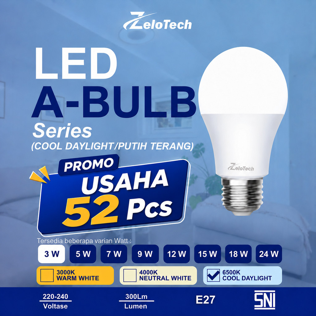 (PAKET USAHA 52PCS) Zelotech Lampu A Bulb 15W 1300LM E27 Bohlam Rumah Murah SNI / Lampu LED Cahaya P