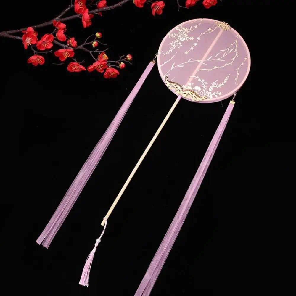Hanfu Chinese Style Chinese Style Round Fan Long Handle Tassels Embroidery Fan Round with Pendant Si