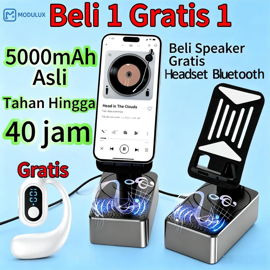 MODULUX Beli Speaker Dapat Headset Bluetooth Gratis- 5000mAh Baterai Tahan 40 Jam Dudukan HP Speaker Bluetooth Power Bank Portable  Dudukan Ponsel Speaker Bluetooth Power Bank Ringkas Portabel Fleksibel