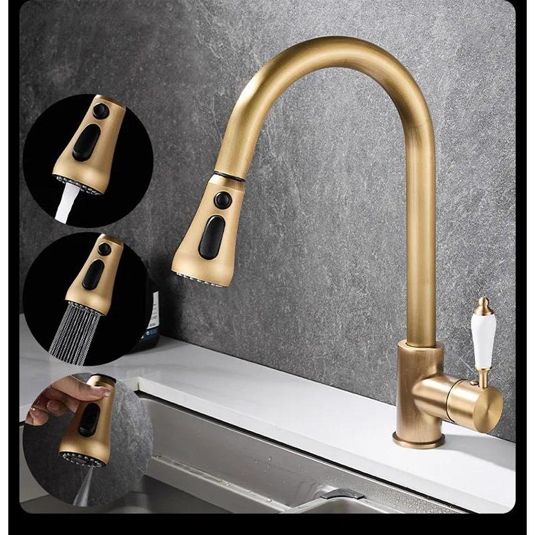 Keran Tarik Dapur Tembaga Antik Kran Mixer Panas Dingin Wastafel Dapur Cuci Piring Putar Vintage Tap