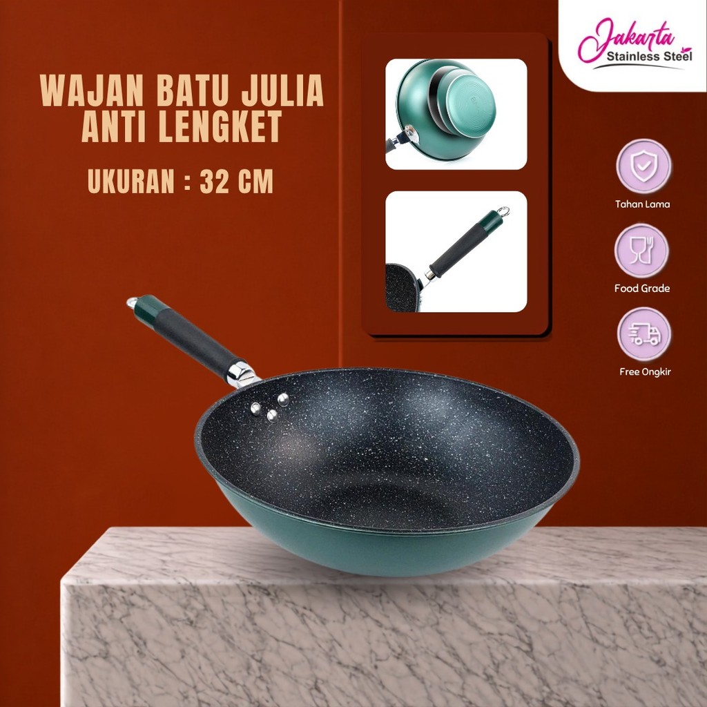 JSS - Wajan Batu Medis Anti Lengket 32 CM Wajan Penggorengan Tebal dan tinggi Wajan Granit Hitam