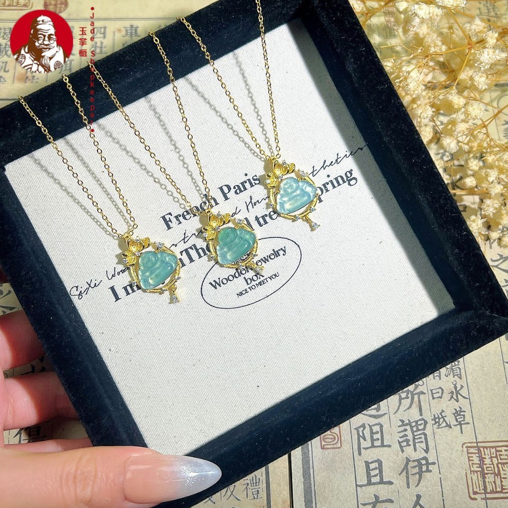 Buddha Maitreya Cina Baru, bahan berbahaya alami biru batu giok Buddha tatahan umum, kalung teratai