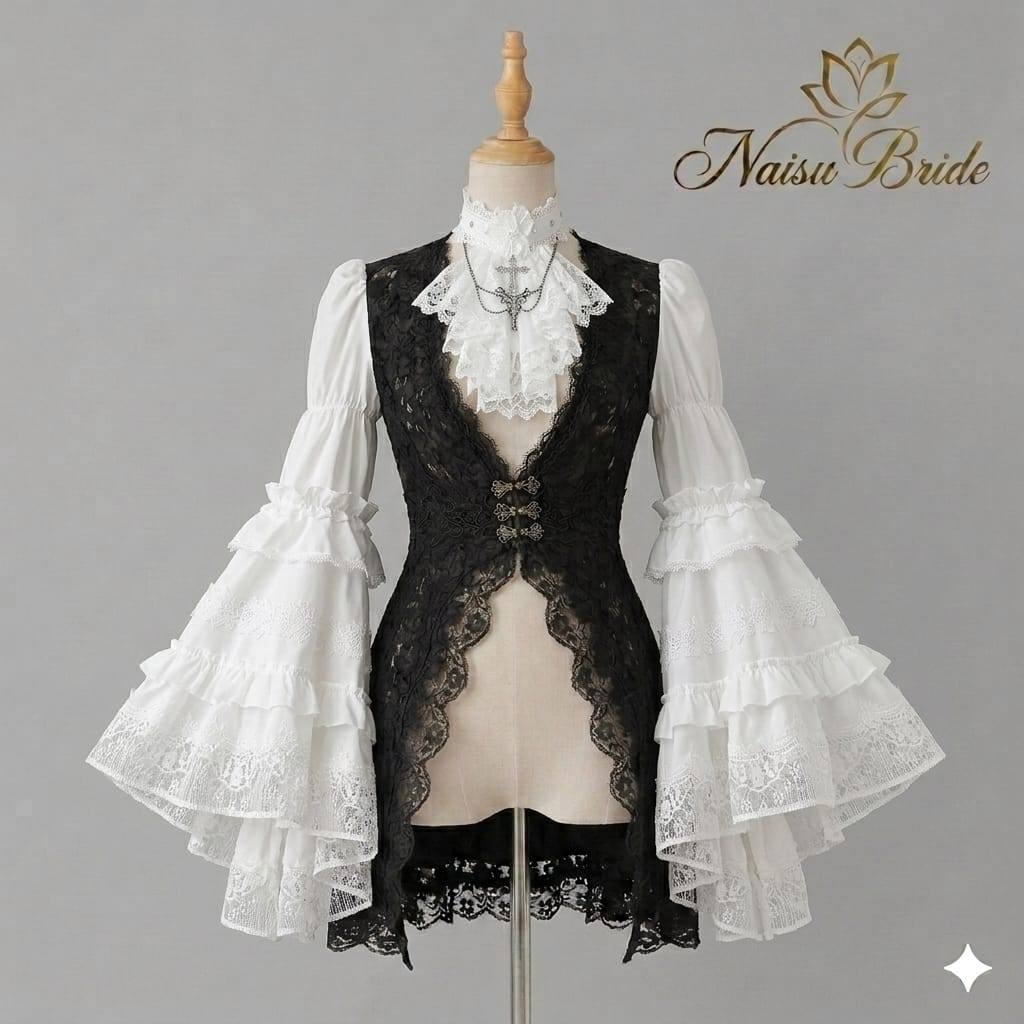 Naisu Kemeja wanita brukat lengan putih rempel long shirt lolita lace uk xs-7xl NB679
