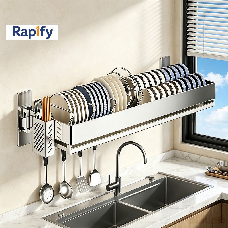 Rapify Tanpa Bor Rak Piring Dinding 304 Stainless Steel Khusus Jendela Rak Piring Gantung Atas Wasta