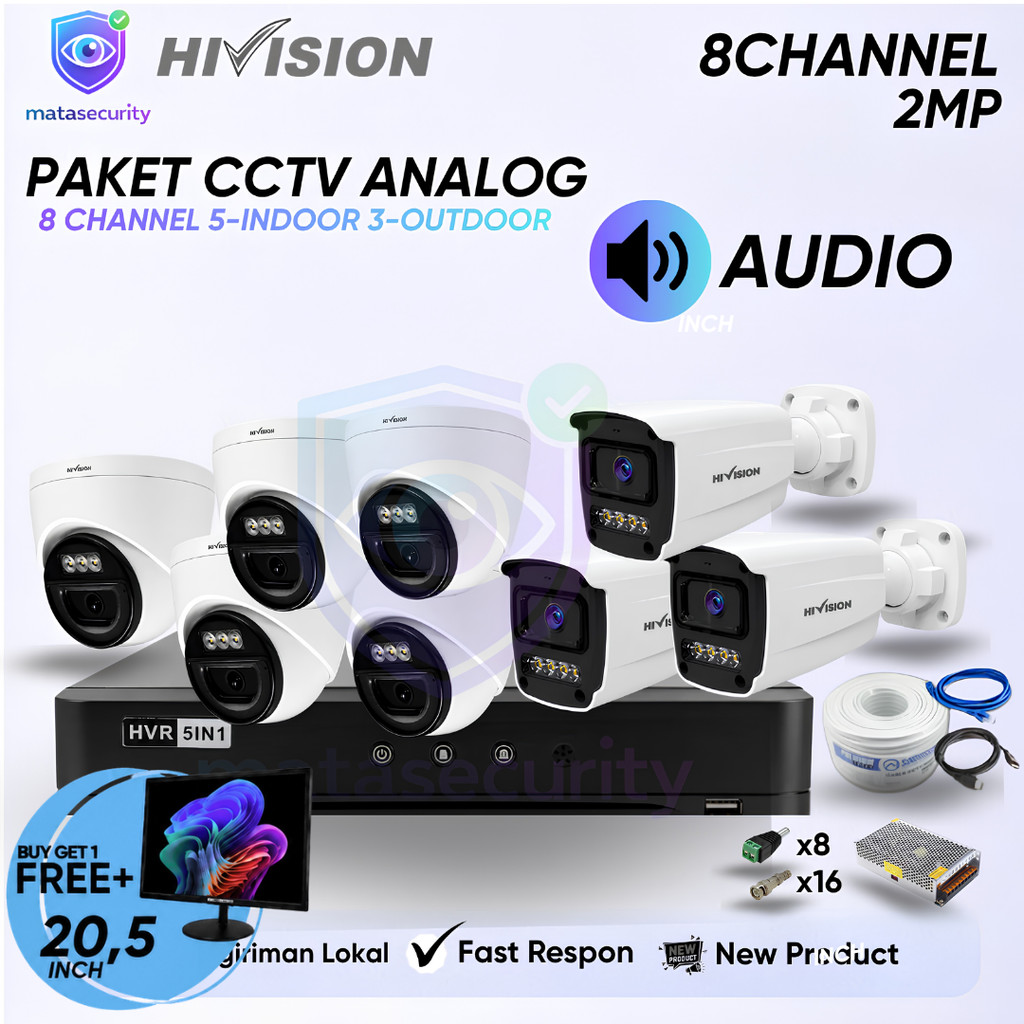 Paket CCTV Lengkap 8 Kamera Analog HiVision Support Audio