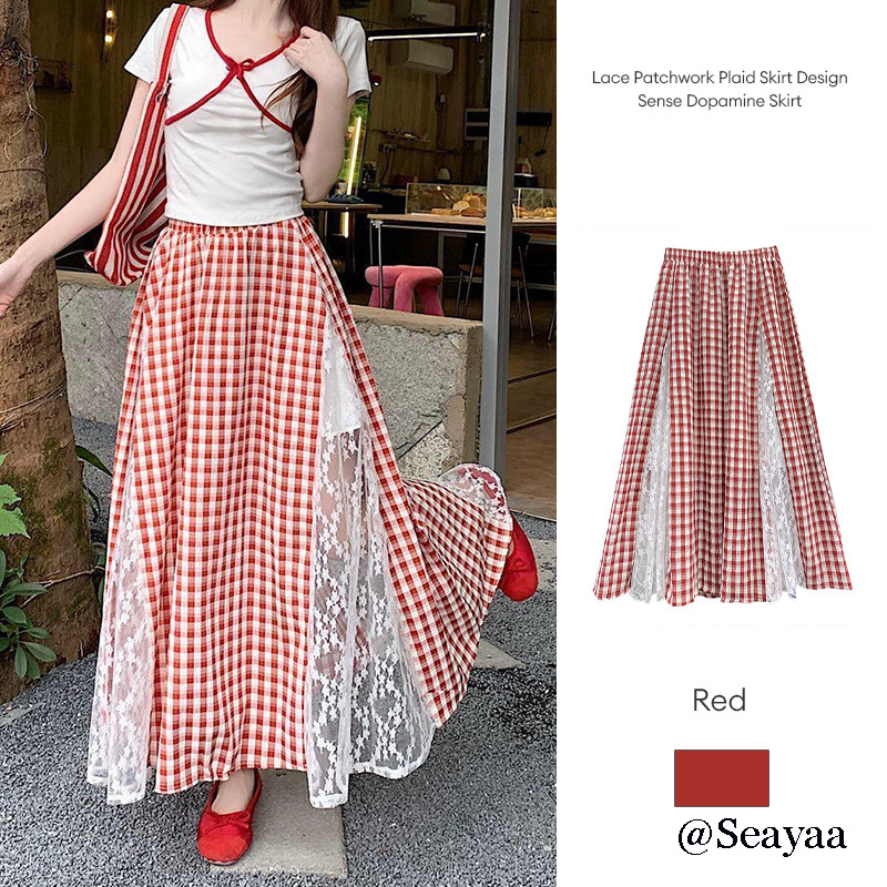 Seayaa Rok Motif Kotak-kotak Patchwork Renda, Desain Pinggang Tinggi, Potongan A-line, Panjang