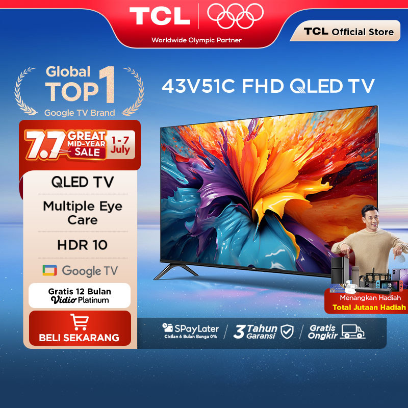 TCL 43 inch V51C - QLED - HDR 10 - Multiple Eye Care - Dolby Audio - Bezel-less (Model: 43V51C)