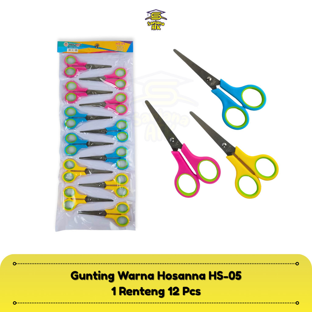 

(12 Pcs) HOSANNA Gunting Kertas Warna / Scissors Paper Ukuran Sedang HS-05