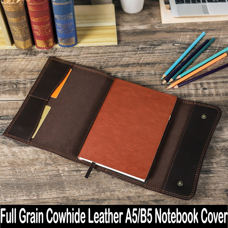 

Elegant Vintage Coffee Full Grain Leather A5 B5 Notebook Cover Handmade Flip Case Organizer Stationery Office School Supplies