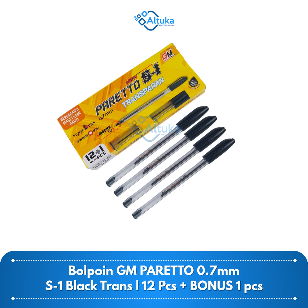 

(13 Pcs) Ballpen Bolpoin Hydrogel GM PARETTO S-1 Transparan Black Hitam 0.7mm + BONUS
