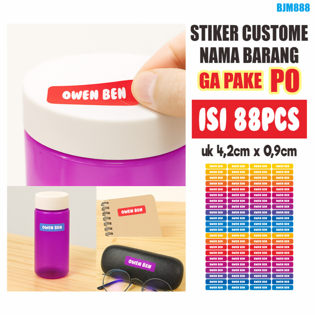 

BJM888 isi 88pcs Label Nama Anak Waterproof Stiker Custom sticker Buku Pulpen Botol Tempat Makan dll