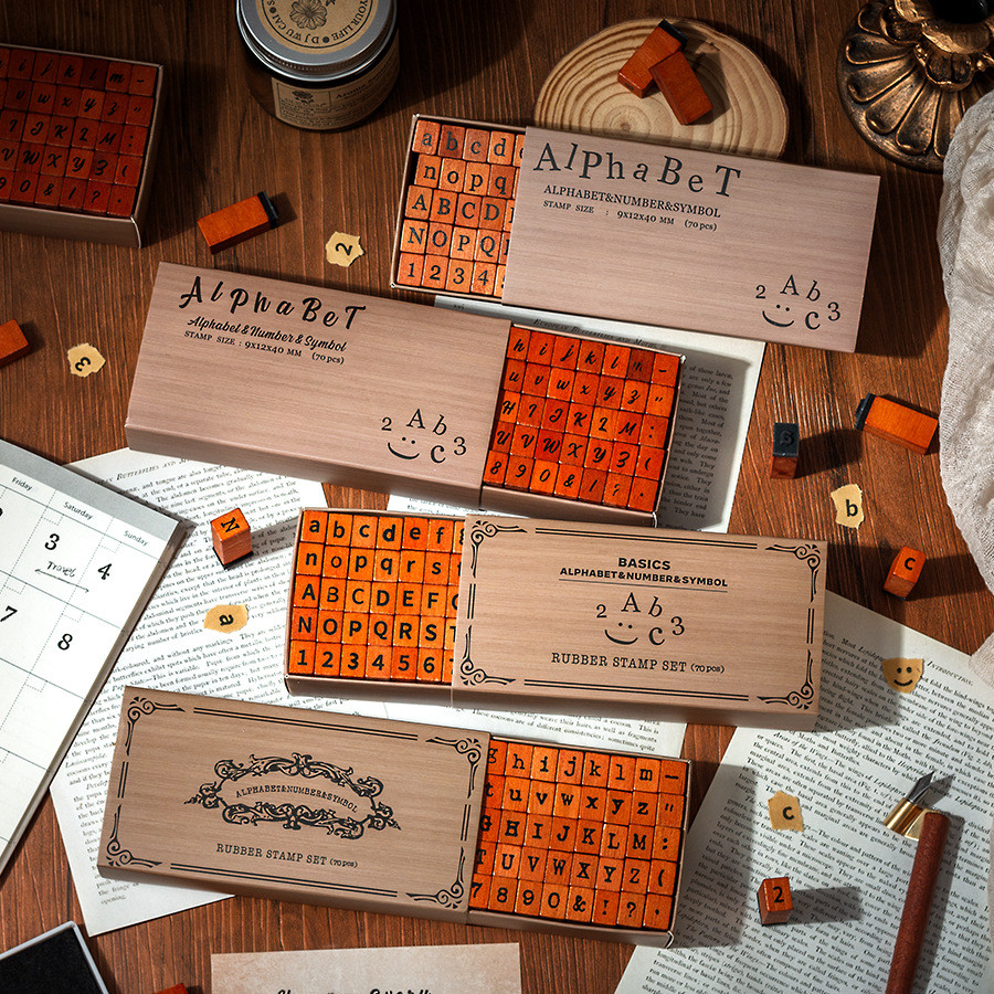 

70 Pcs Symbols Retro Letters English Digital Hand Notes Seal Typewriter Series Decorative Printing Materials Wood Stamp Set