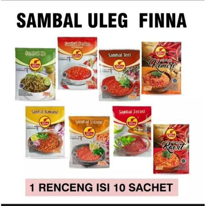 

1pck isi 10sachet Sambal Uleg Finna Food - Sambal Sachetan Praktis Sambel Terasi Udang Bawang Ijo Bajak Teri Rawit Kemiri Kecombrang Rendang Geprek Pedas - AMY