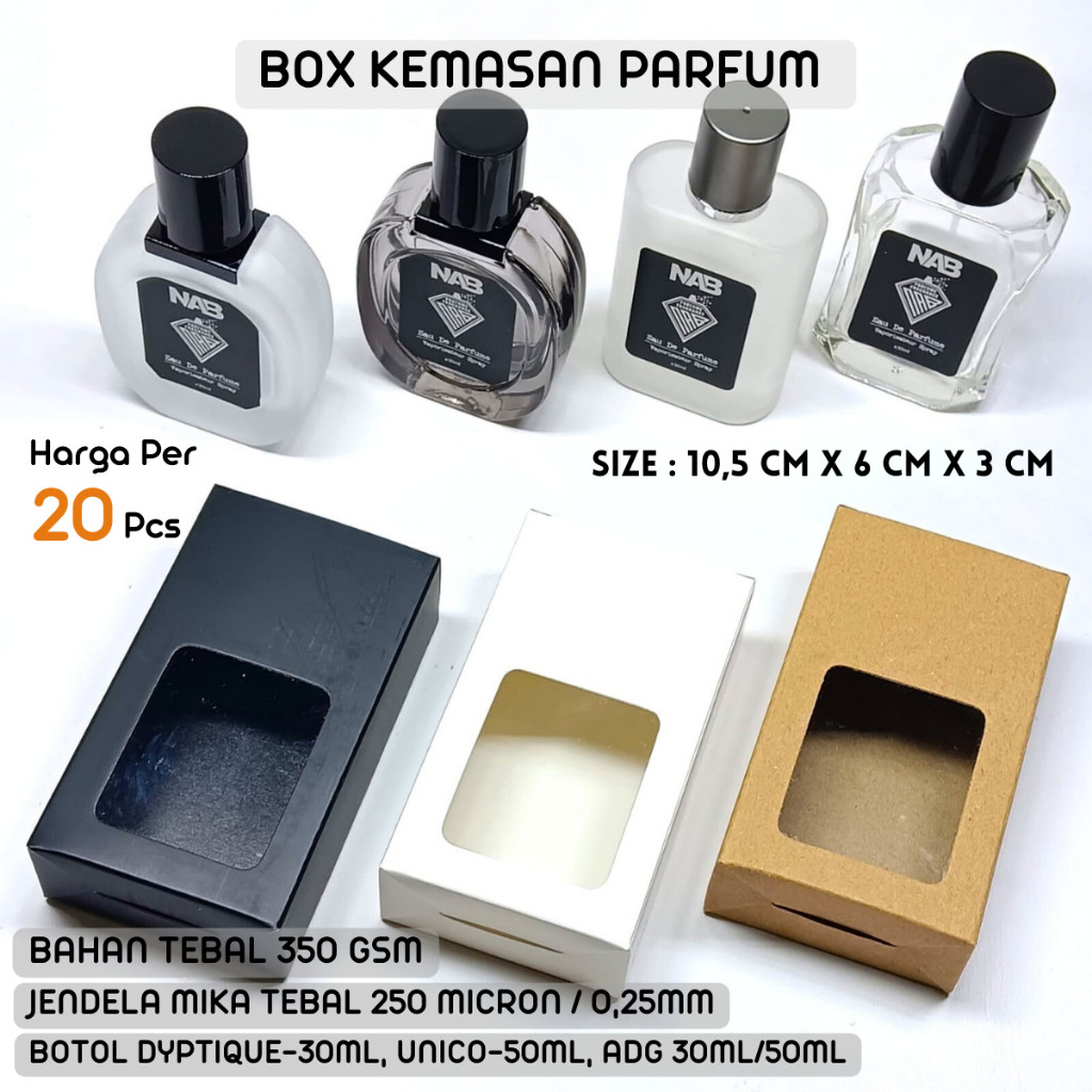 

TERLARIS 20 PCS - BOX PARFUM KOTAK 50ML (10,5cm x 6cm x 3cm) DYPTIKE-30ML, INOKU, ADG, DUS - BOX KEMASAN PARFUM BOTOL 50ML UNIVERSAL ISI 20 PCS