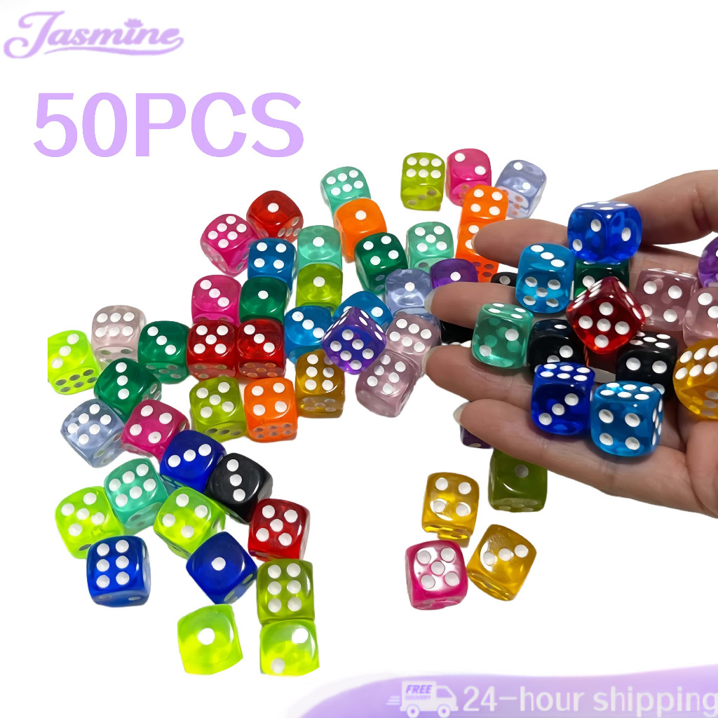 Isi 50pcs 14mm Dadu Warna Warni Dice Set Dadu Transparan Sudut Bulat Dadu Bening Board Game
