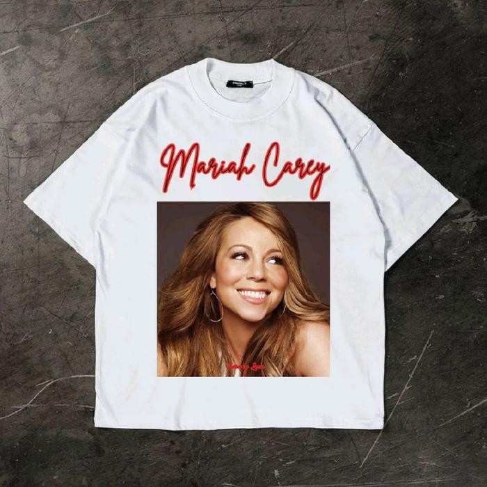 (COD) Mariah Carey Oversized T-Shirt White Vintage Tee Atasan Unisex Baju Band - M