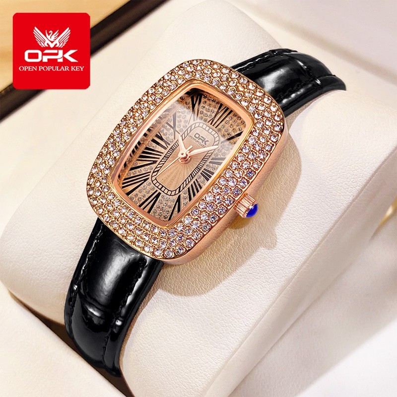 OPK Jam Tangan Wanita Original Anti Air Kulit Berlian Segi Empat Branded Cewek Kuarsa Terbaru Elegan