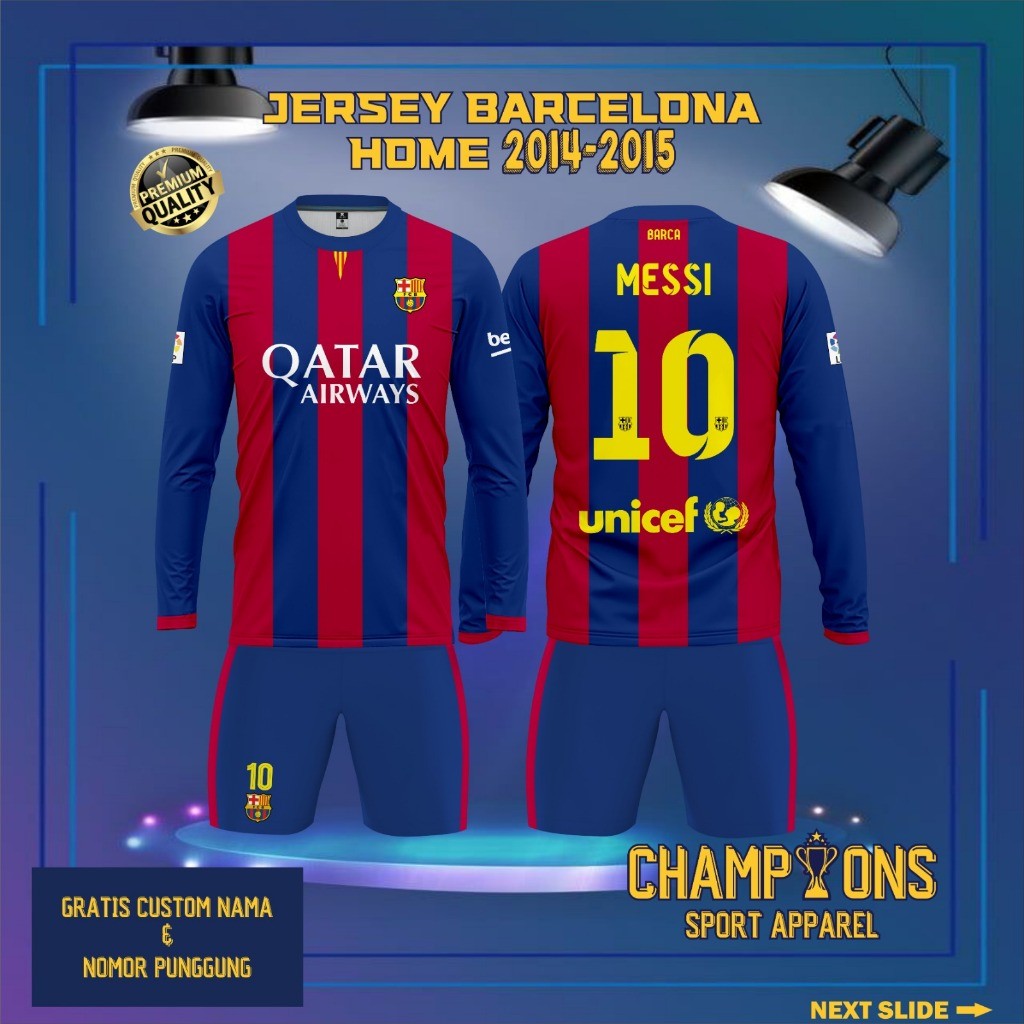 Jersey BARCELONA HOME 2014/2015 Lengan Panjang Full Printing Free Custom nama - Jersey MESSI Retro