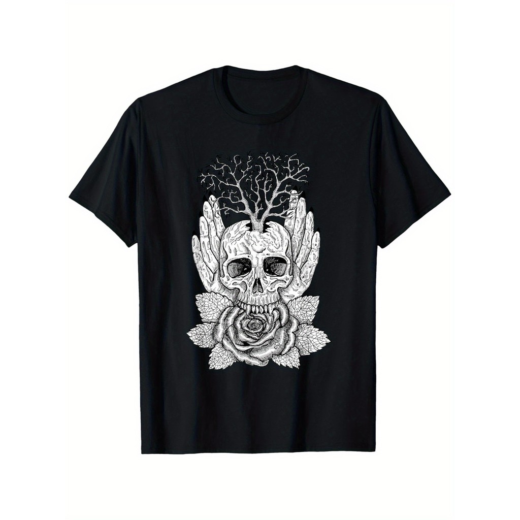 Kaos Pria Gothic Tengkorak Mawar Baju Distro Streetwear Katun Adem Lengan Pendek