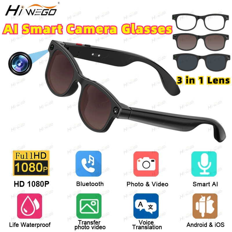500W AI Smart Camera Sunglasses 3in1 lens ChatGPT Translation Voice Control WiFi Bluetooth HD1080P S