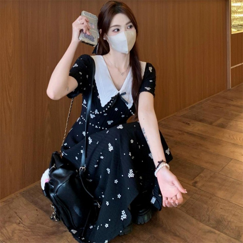 LuneeMuse - Dress korea maxi dress bermotif bunga sifon gaun hiasan mutiara wanita dres