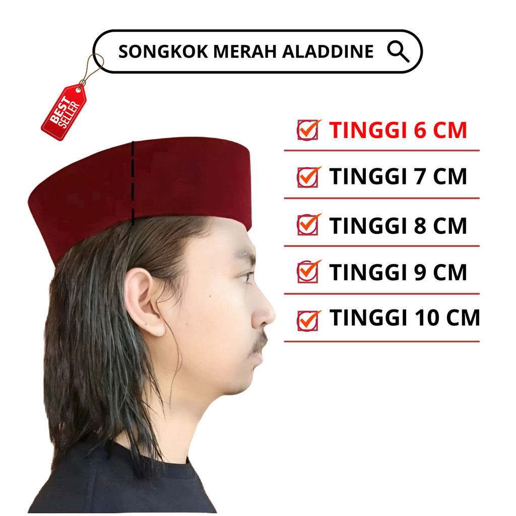 Songkok peci merah maroon kopish merah maroon polos peci betawi tinggi 7cm,8cm,9cm,10cm