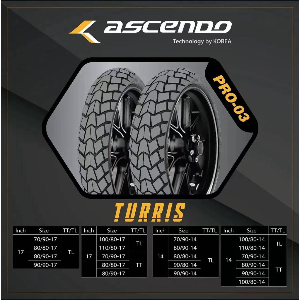 BAN MOTOR ASCENDO 90/80-14 RING 14 TL TUBELESS TURRIS