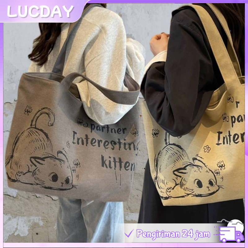 【Ready】Tas Bahu Jinjing Kanvas Wanita Totebag Tas Buku College Mahasiswa Huruf Sederhana Kucing  Kap