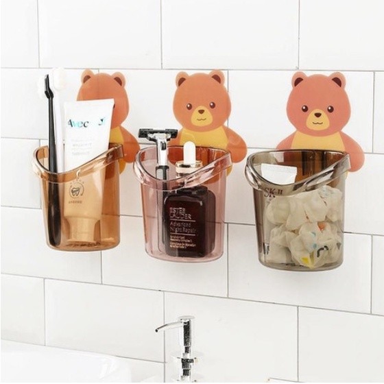 Gantungan Tempat Sikat Gigi Odol Gambar Beruang Tempel Dinding / Rak Kamar Mandi Tempel Dinding BMB8