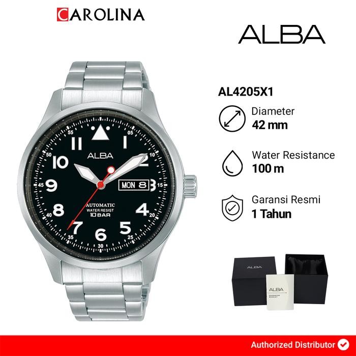 Jam Tangan Pria Alba Mechanical AL4205X1 Automatic Black Dial Stainless Steel Strap