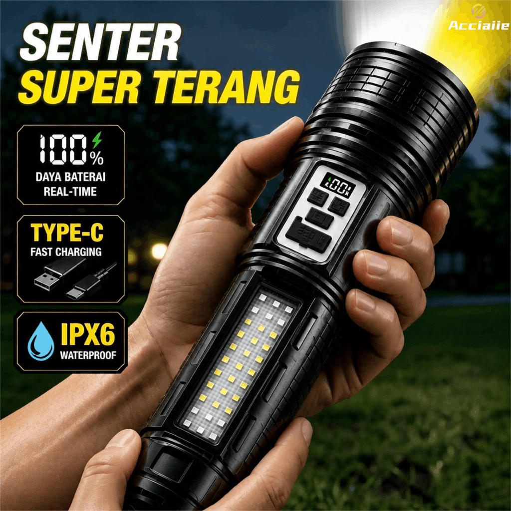 Senter Led Jumbo Super Terang Dua Warna 14 Light Mode Senter Zoom Senter Jarak Jauh Type C 1000M