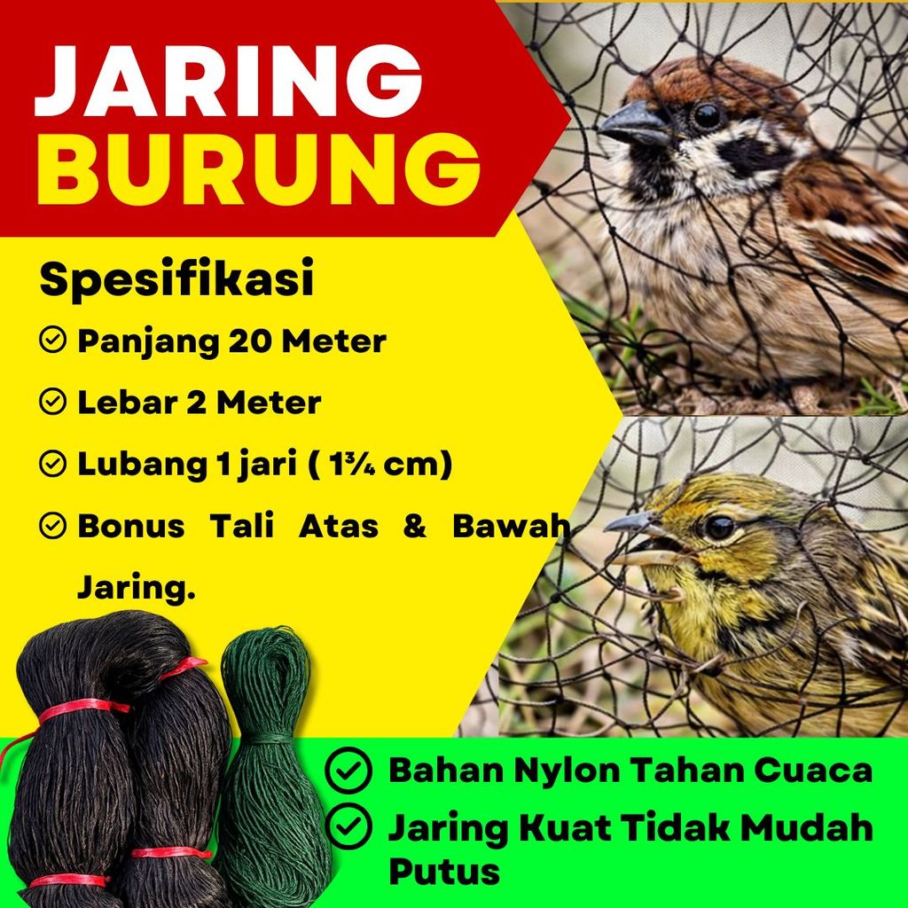 Jaring burung emprit siap pakai bonus tali Lubang Kecil 1 Jari 1¾" Bahan senar tebal 0.15mm. Ukuran 