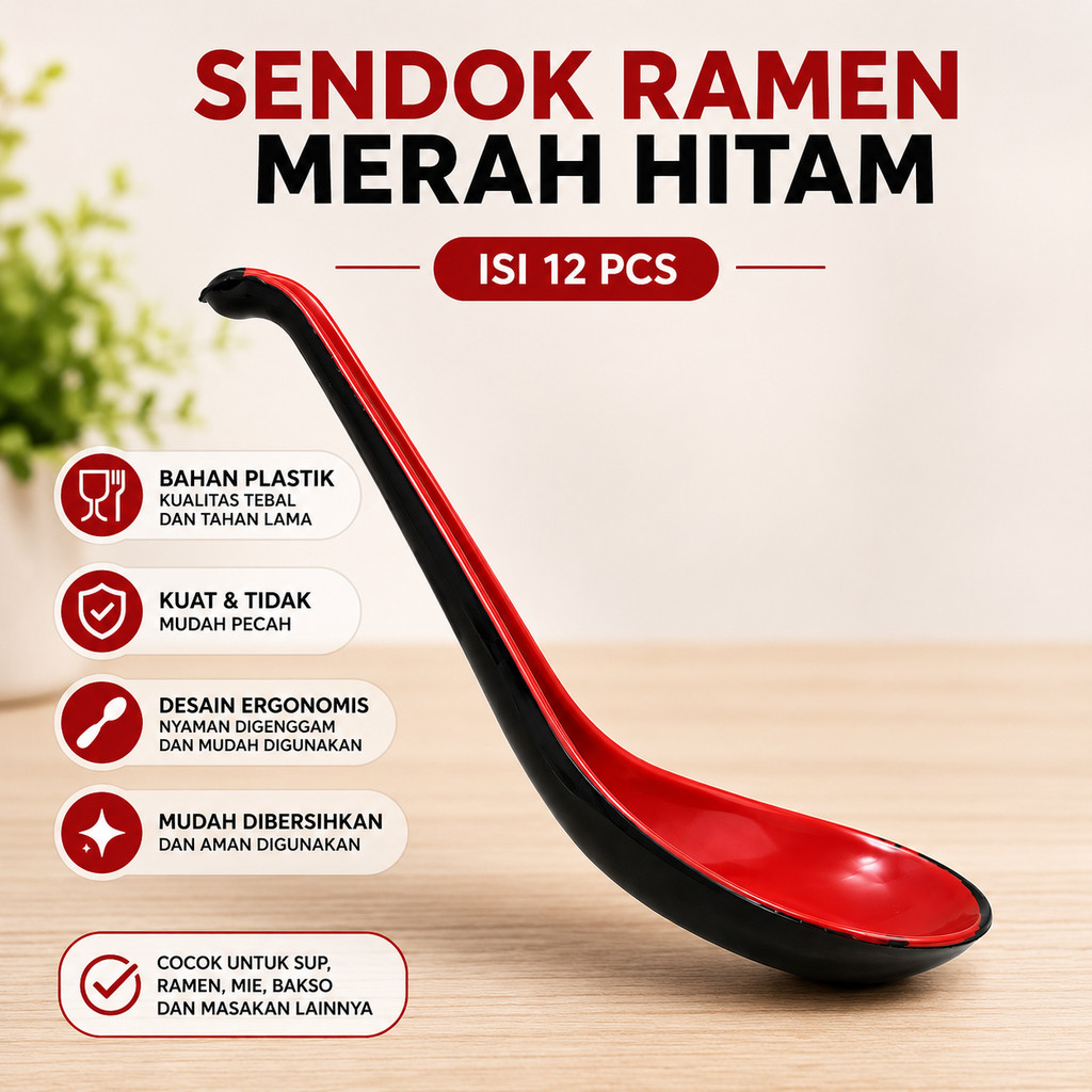 (12 PCS) Sendok Bebek Plastik Tebal Hitam 1 Lusin Merah Hitam Sendok Soup Plastik BPA Free