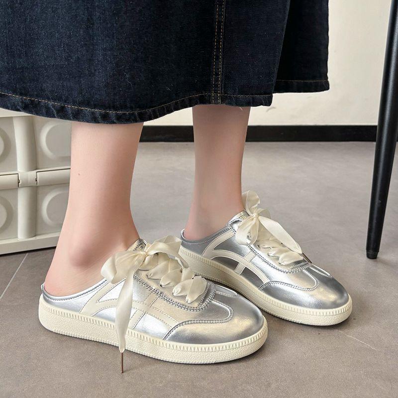 Sepatu Mules Sneakers Wanita Silver & Putih Tali Pita Sandal Sneakers Jaring Trendy 36-41