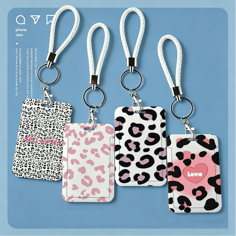 Cute Pink Leopard Print ID Card Case Durable Sleeve School Meal Access Control Employee Badge