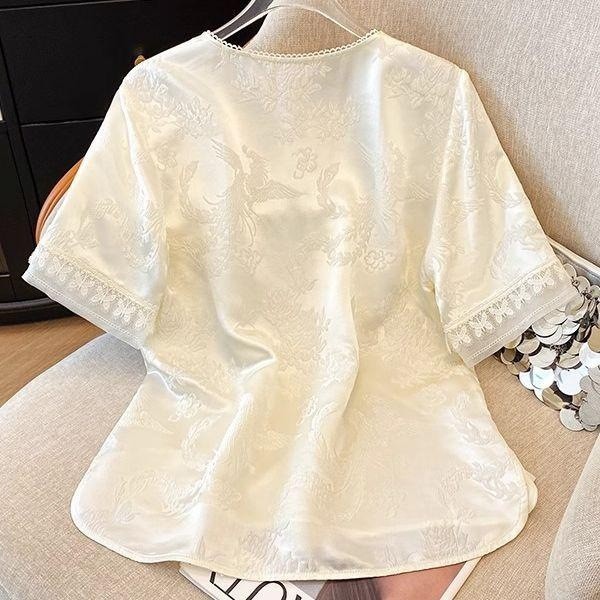 Kemeja lengan pendek jacquard, atasan elegan, blus satin