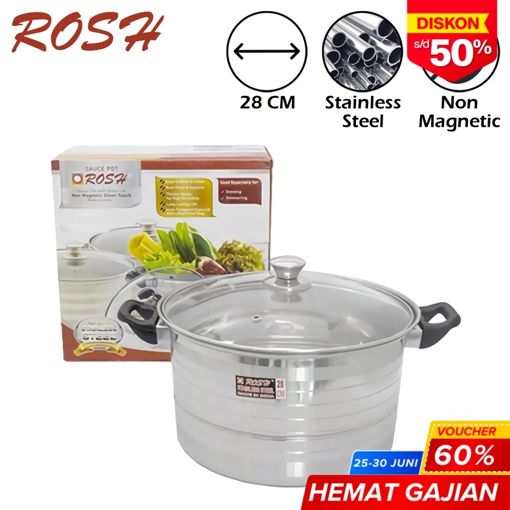 ROSH Panci / Wajan / Teflon Tumis Sop Kaldu 28 CM Stainless Steel Sauce Pot With Glass Cover ROS