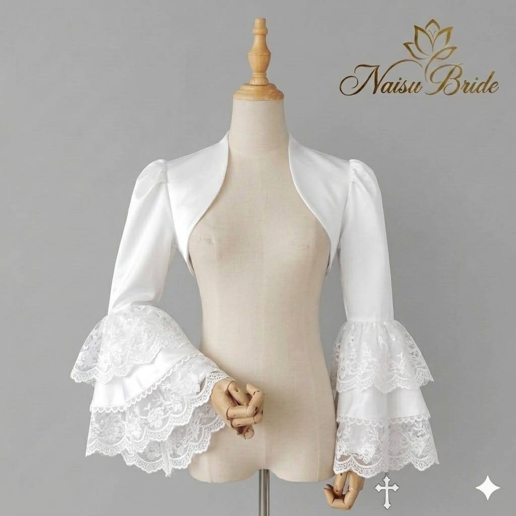 Naisu Cardigan wanita putih satin lace sleeve crop cardigan bridal NB574
