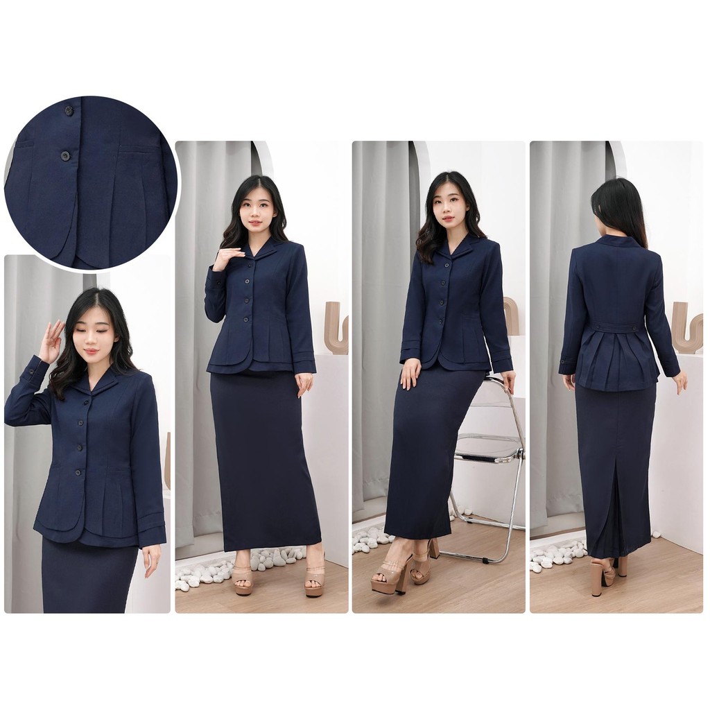 VANERICK / Lynelle Collection - Jas Blazer Wanita warna NAVY / BIRU DONGKER Stel Set ROK SPAN untuk 