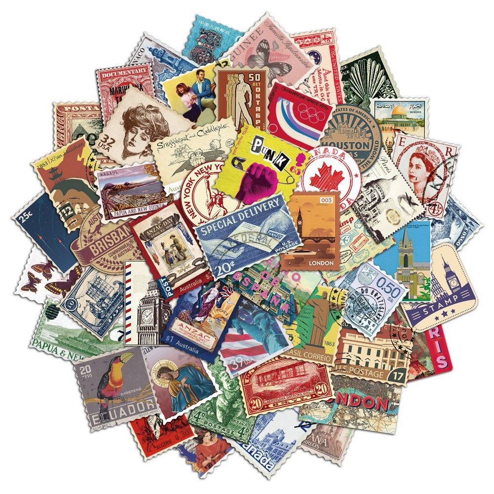 

50PCS Retro Travel Stamp Sticker Pack Retro Postmark Series Handheld Diary DIY Material Decoration Sticker