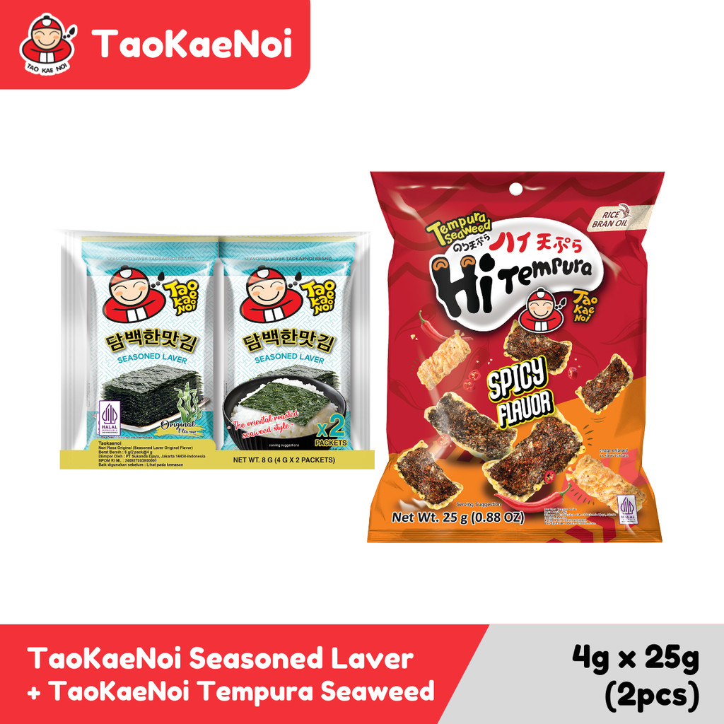 

[VALUE PACK] Tao Kae Noi Rumput Laut Seasoned Laver Seaweed Original 2x4 gr + Tao Kae Noi Tempura Seaweed Spicy Flavour 25 Gr